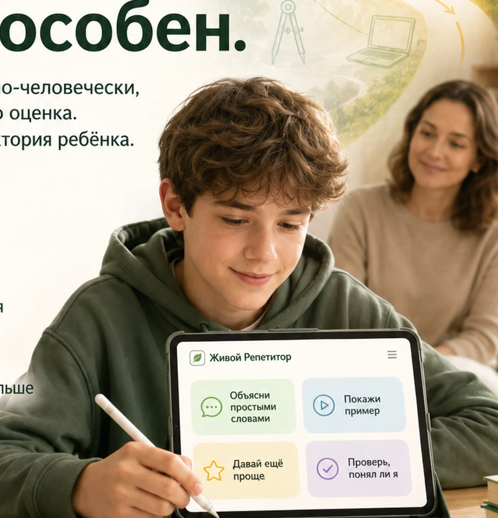 Ребёнок уверенно занимается с планшетом, на котором открыт Живой Репетитор